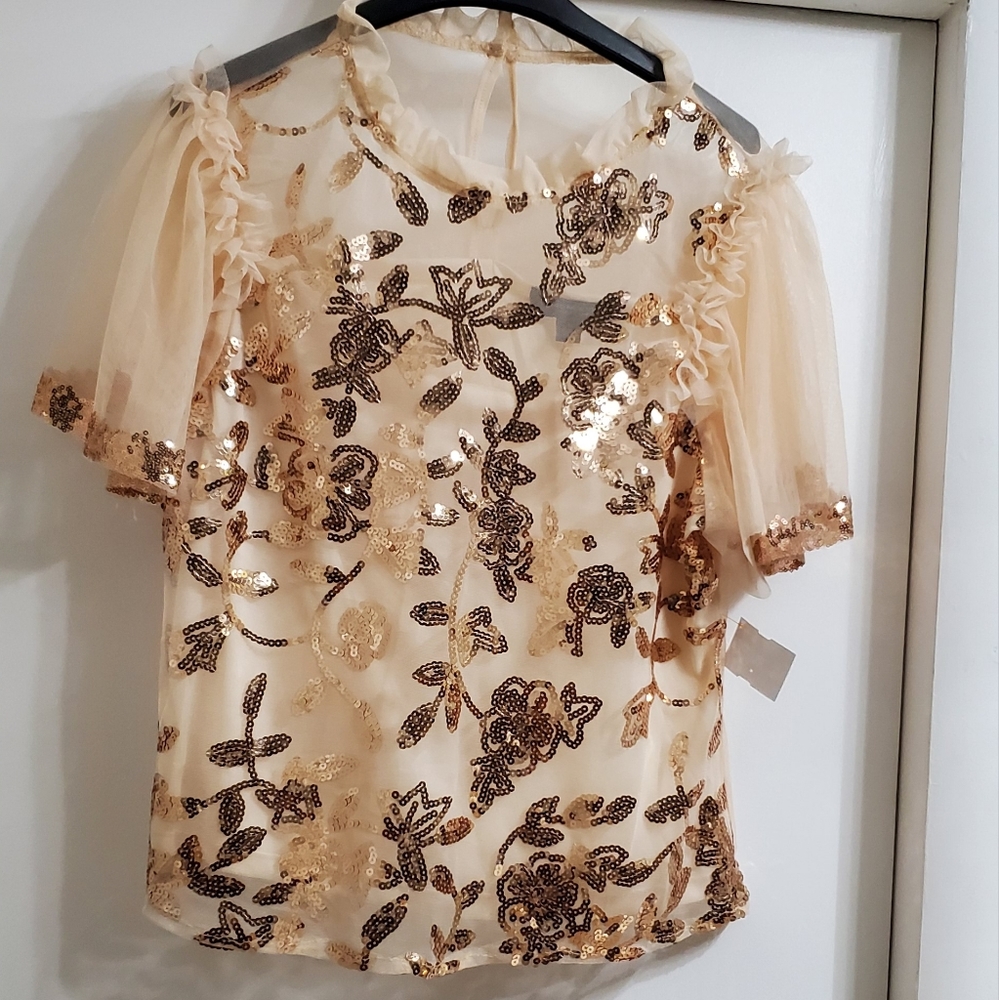 Beige, Cream and Gold Sequined Womens Tule layered Shirt by Marc New York